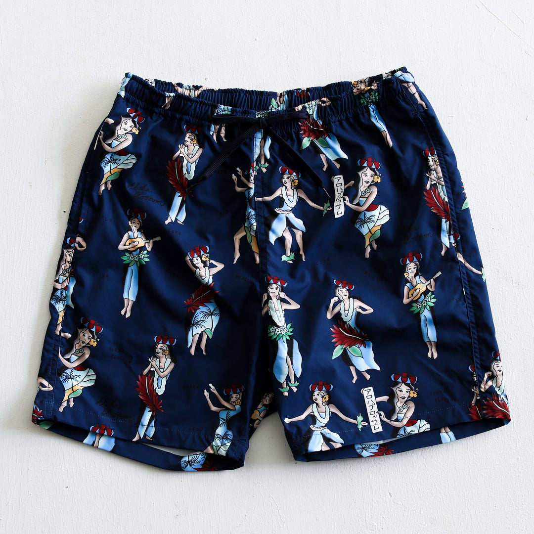 Aloha Blossom × SHIGIRA SEVEN MILES RESORT HULA GIRL BEACH SHORTS