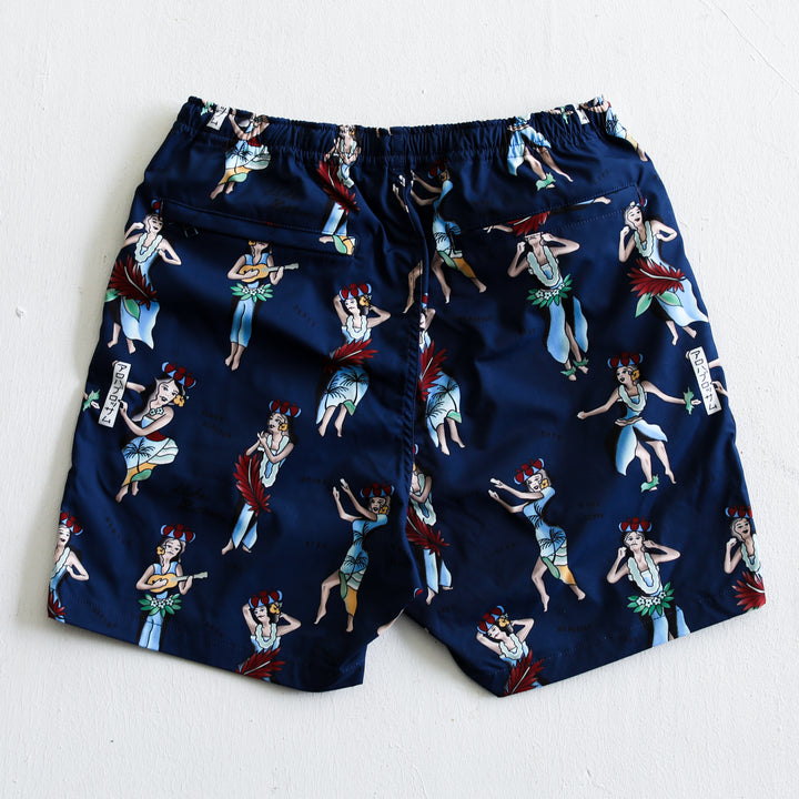Aloha Blossom × SHIGIRA SEVEN MILES RESORT HULA GIRL BEACH SHORTS