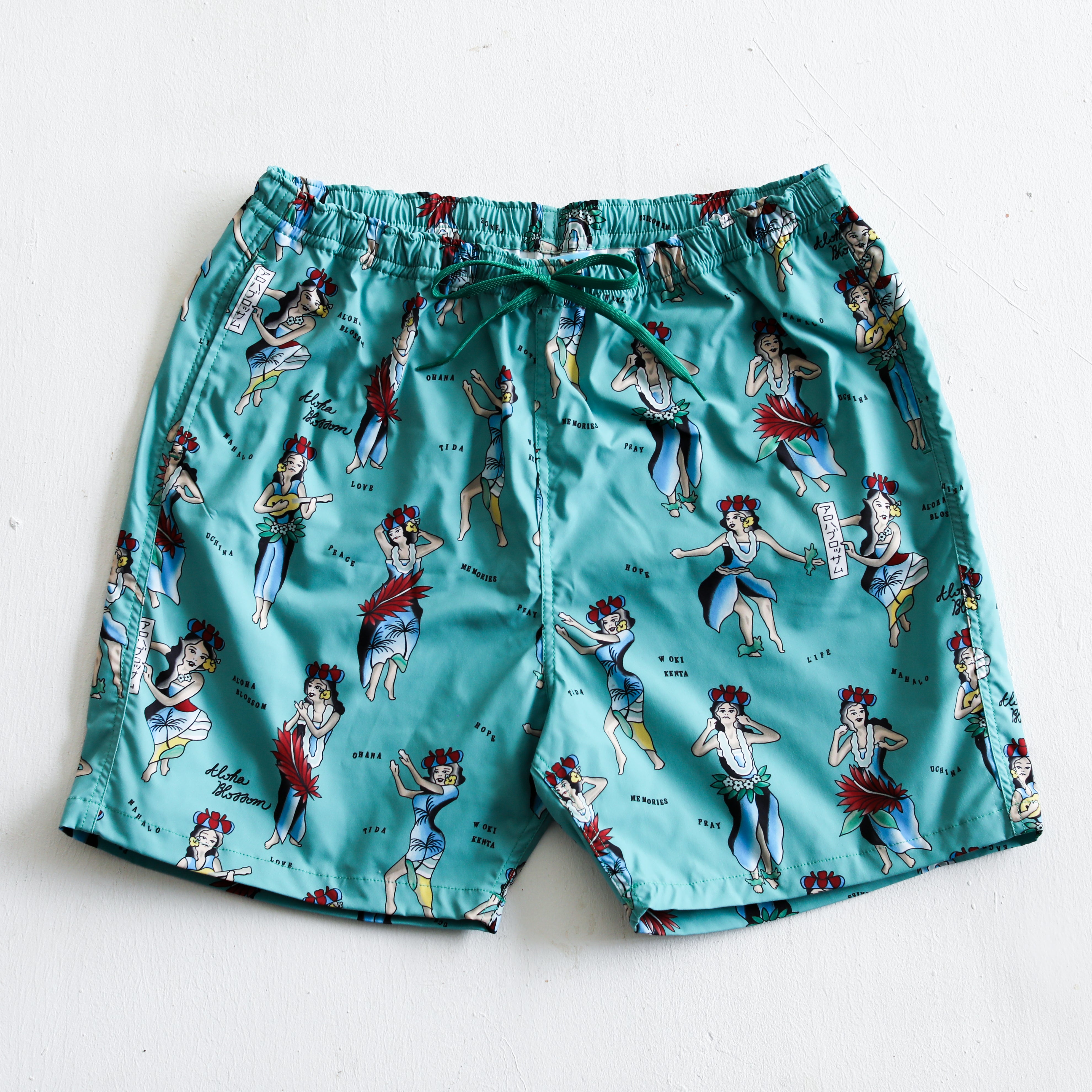 Aloha Blossom × SHIGIRA SEVEN MILES RESORT HULA GIRL BEACH SHORTS