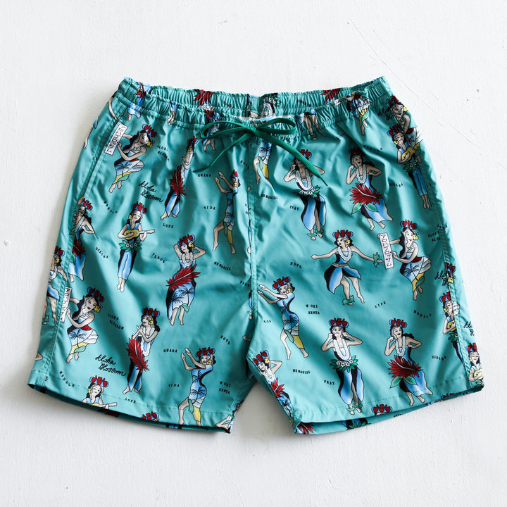 Aloha Blossom × SHIGIRA SEVEN MILES RESORT HULA GIRL BEACH SHORTS