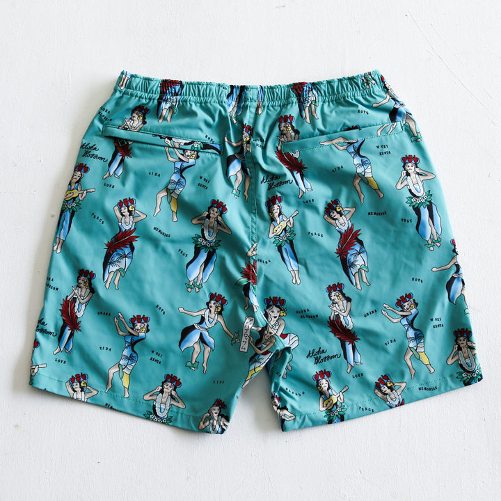 Aloha Blossom × SHIGIRA SEVEN MILES RESORT HULA GIRL BEACH SHORTS