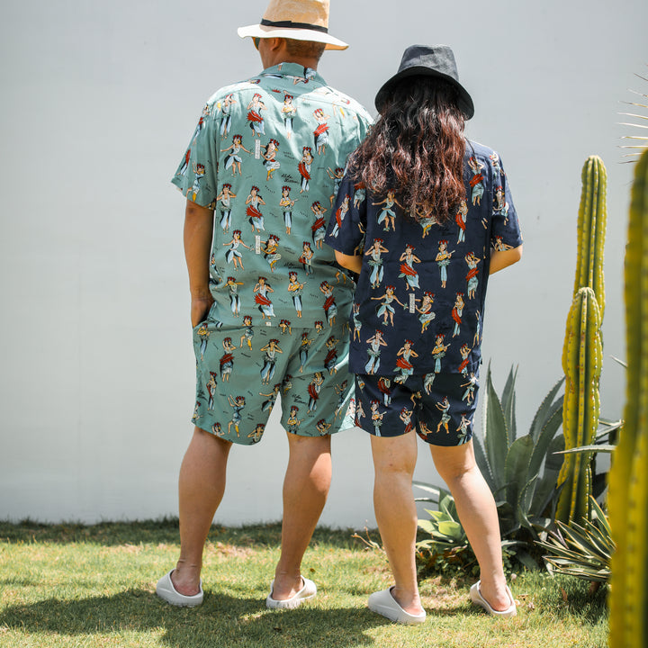 Aloha Blossom × SHIGIRA SEVEN MILES RESORT HULA GIRL BEACH SHORTS