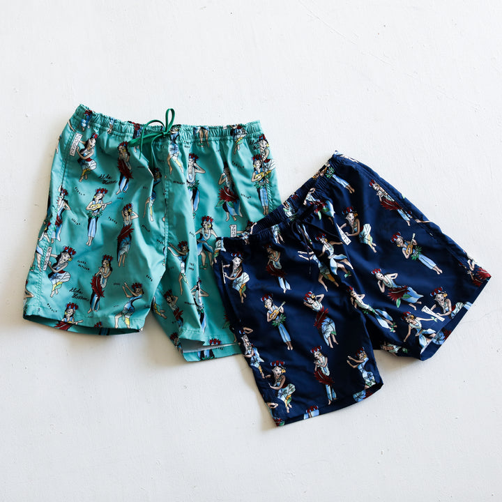 Aloha Blossom × SHIGIRA SEVEN MILES RESORT HULA GIRL BEACH SHORTS